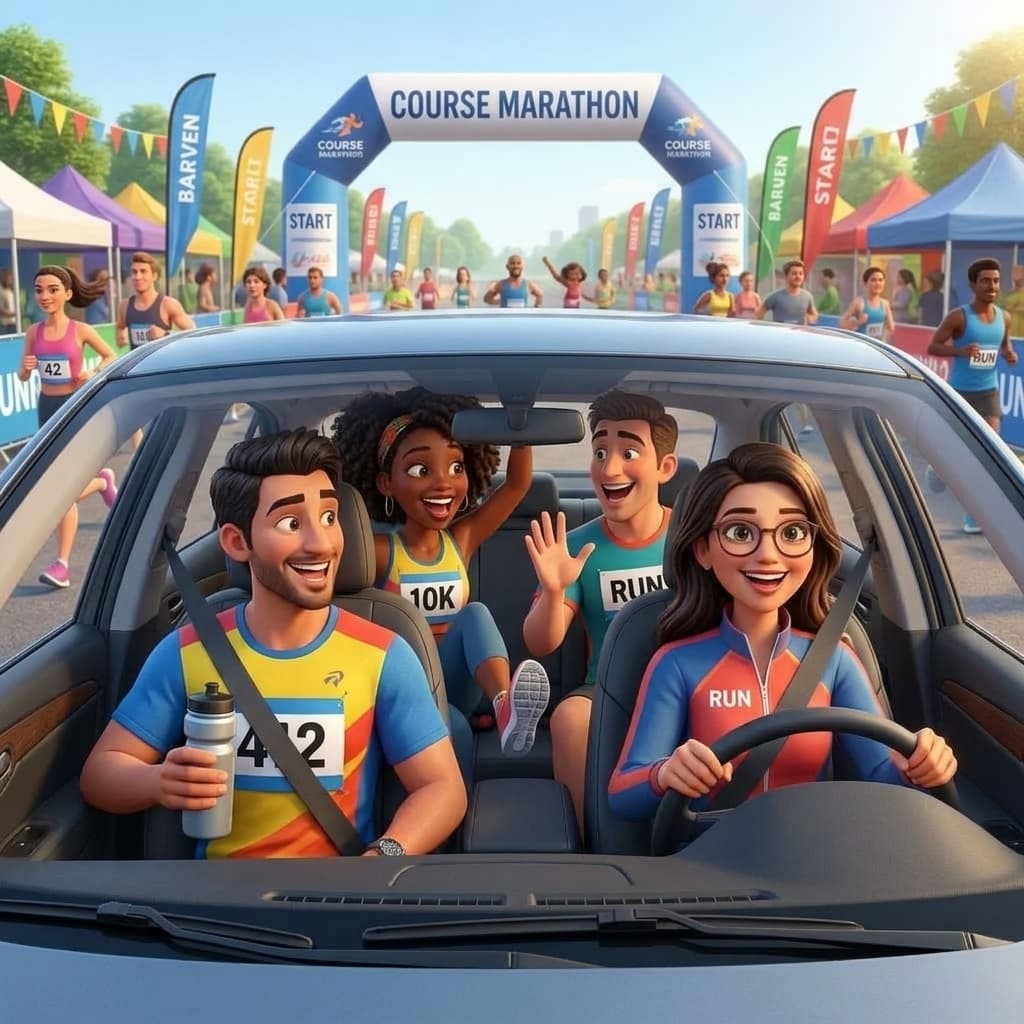 Coureurs et supporters partageant un trajet en covoiturage vers une course