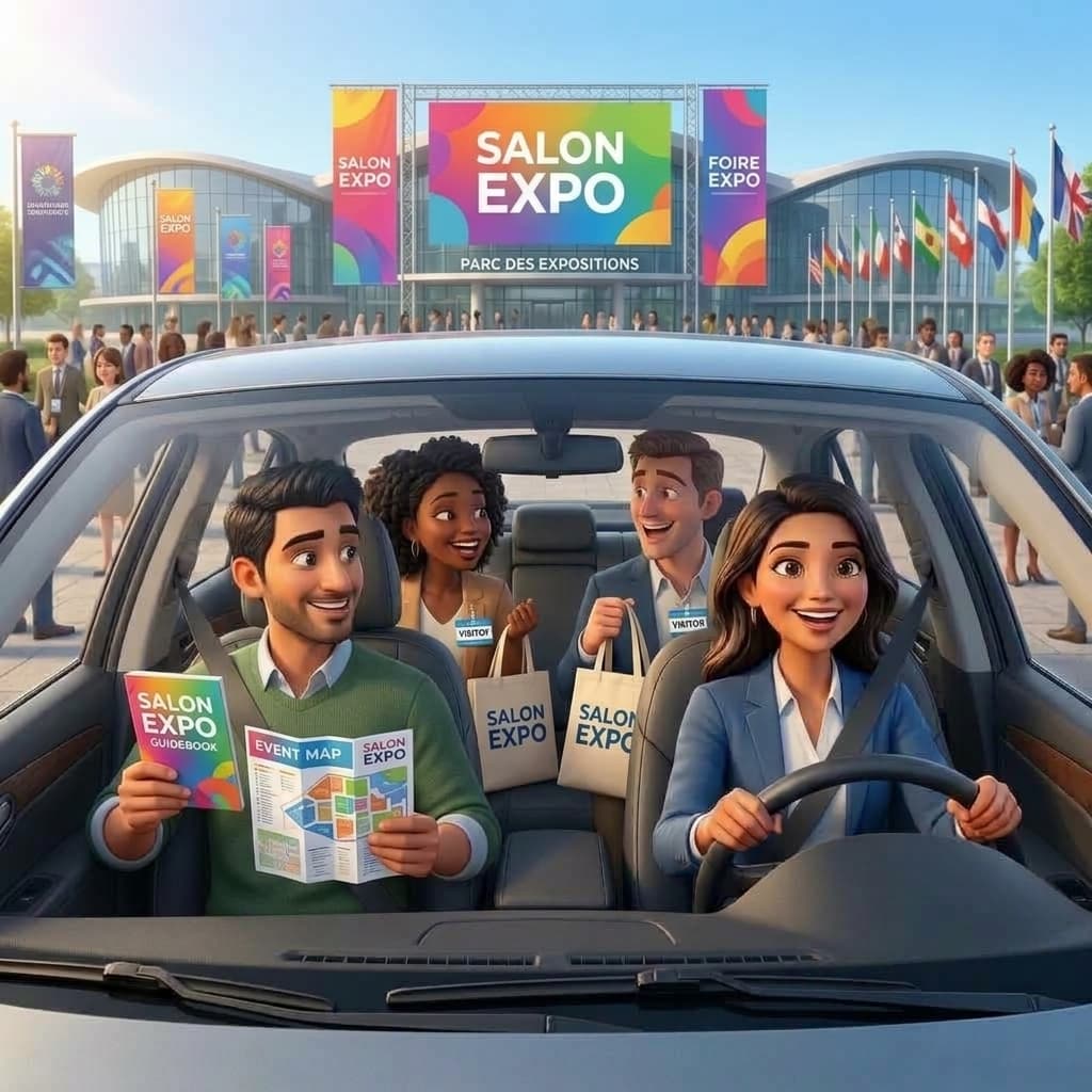 Visiteurs et exposants partageant un trajet en covoiturage vers un salon